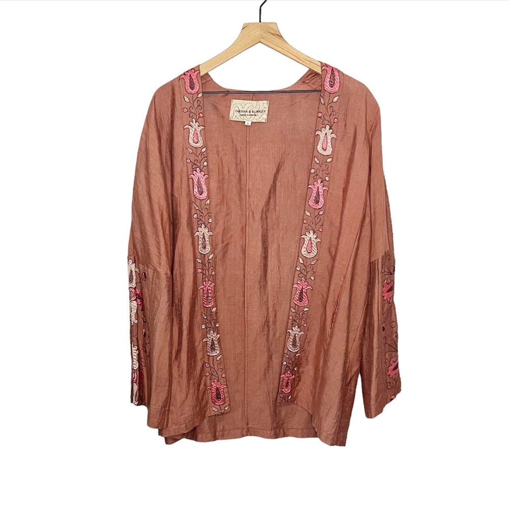 Tarsian & Blinkley Floral Embroidered Open Silk Blend Khiva Jacket in Red III XL